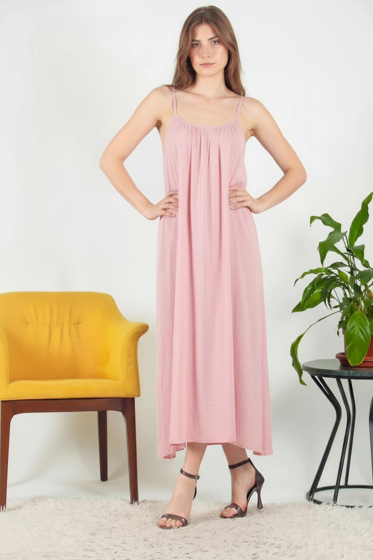 Spaghetti-Träger-Midi-Kleid aus italienischem Voile – Rosa