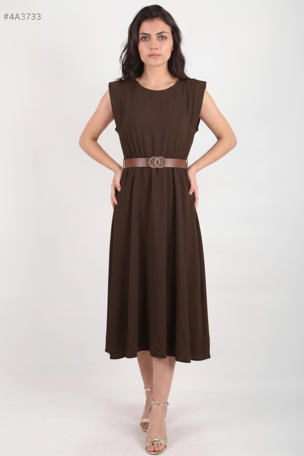 Padded - Shoulder Dress With Slim Elastic Waist — Brown