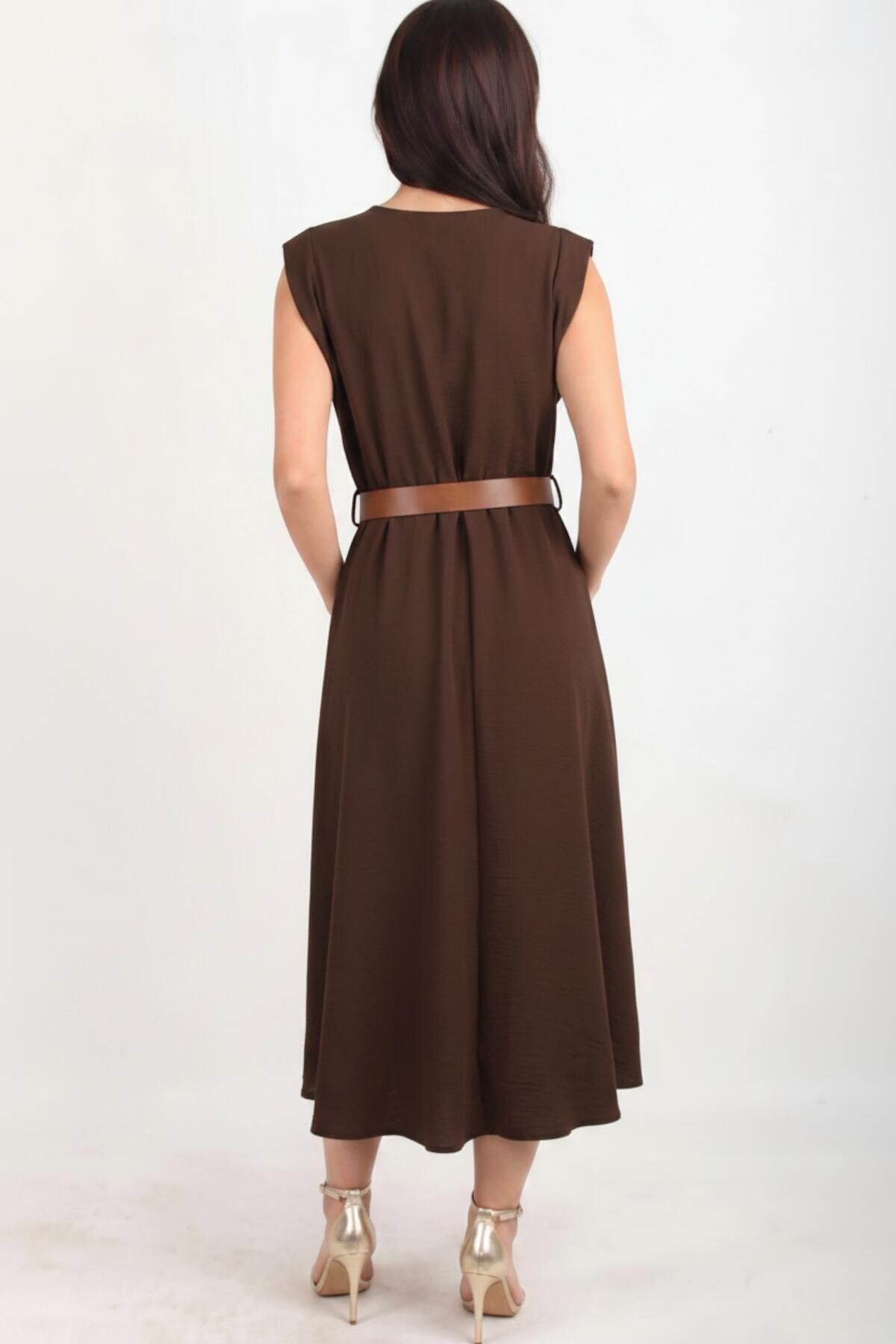 Padded - Shoulder Dress With Slim Elastic Waist — Brown