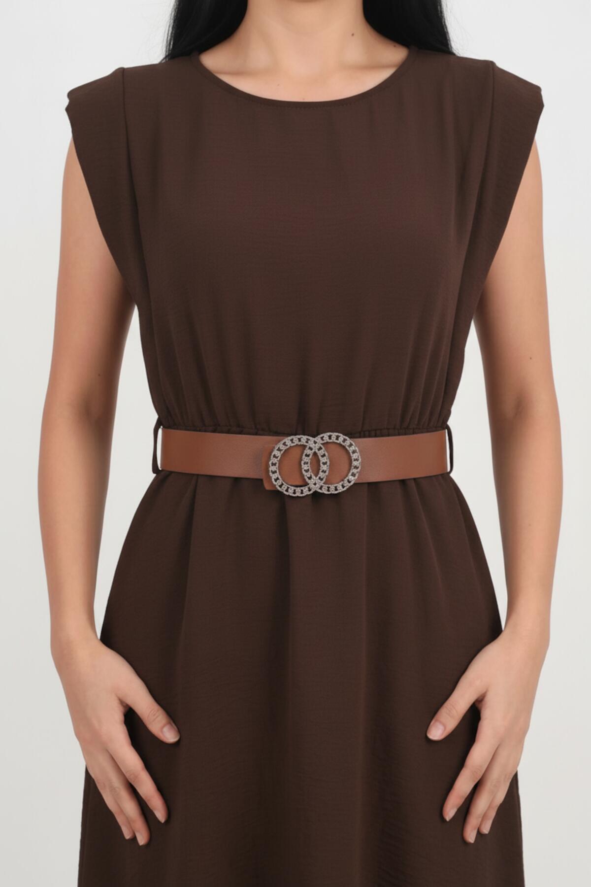 Padded - Shoulder Dress With Slim Elastic Waist — Brown