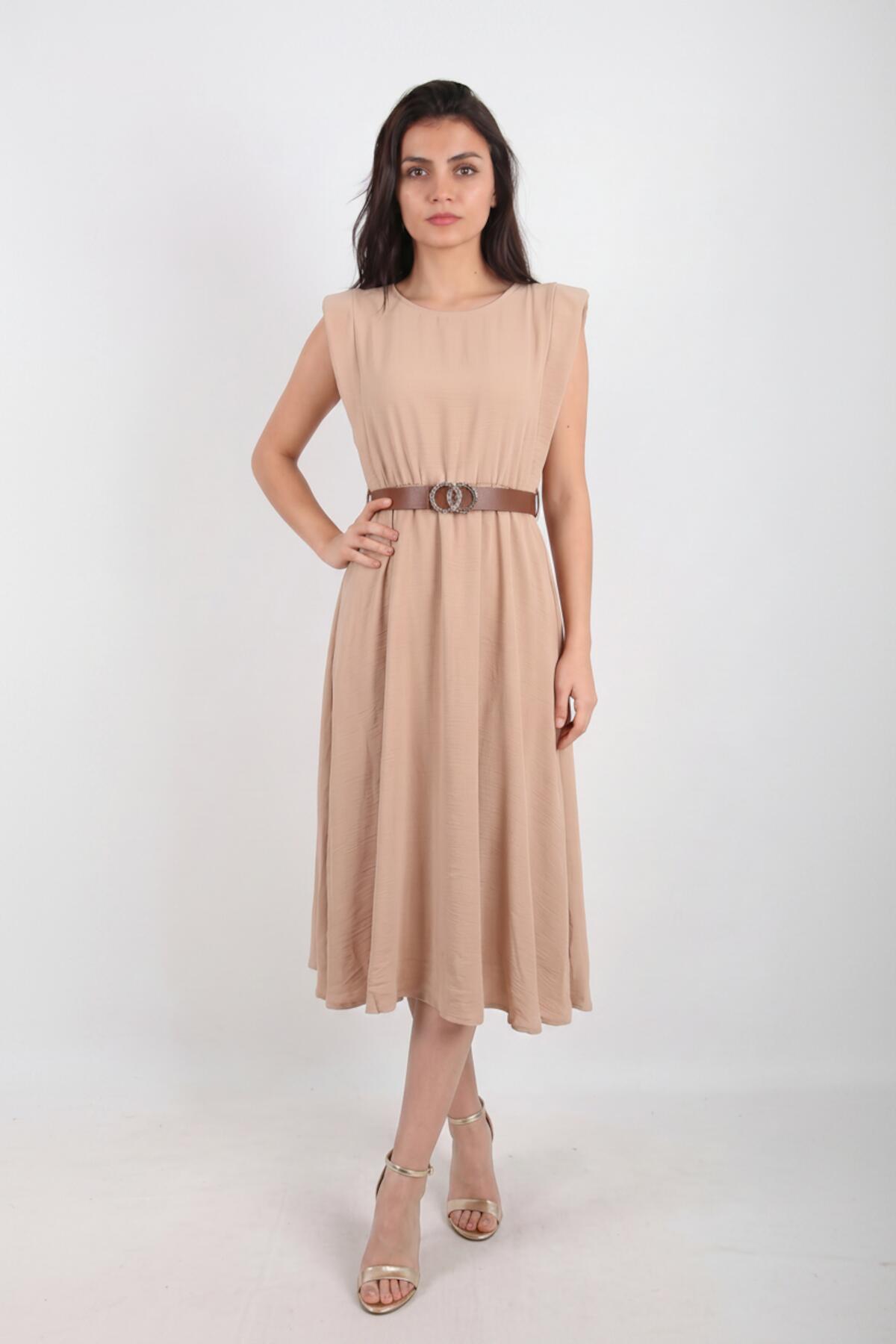 Padded - Shoulder Dress With Slim Elastic Waist — Beige