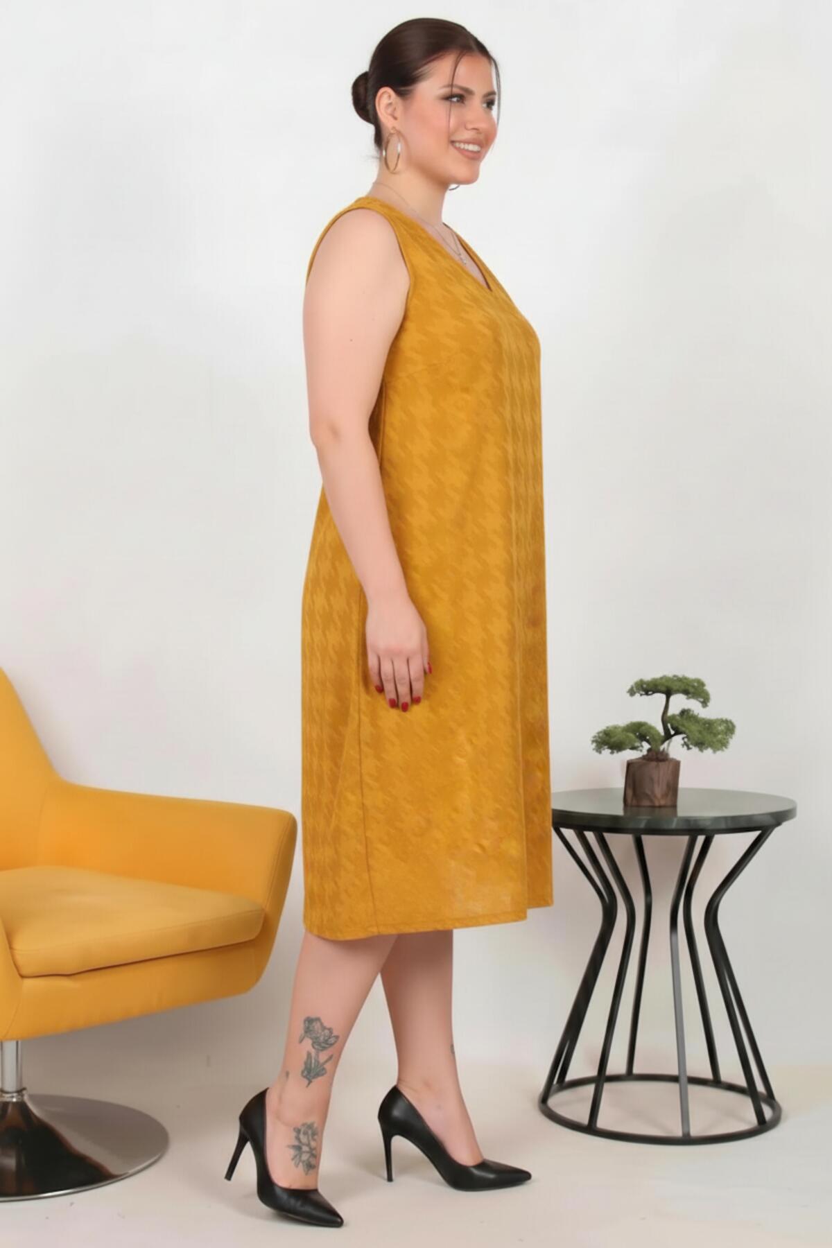 Plus‑Size Viscose Dress With Cross‑Back Detail — Mustard