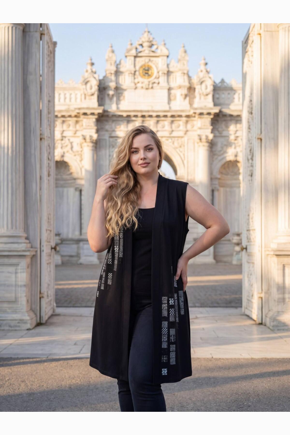 Plus - Size Patterned Crystal Fabric Vest — Black