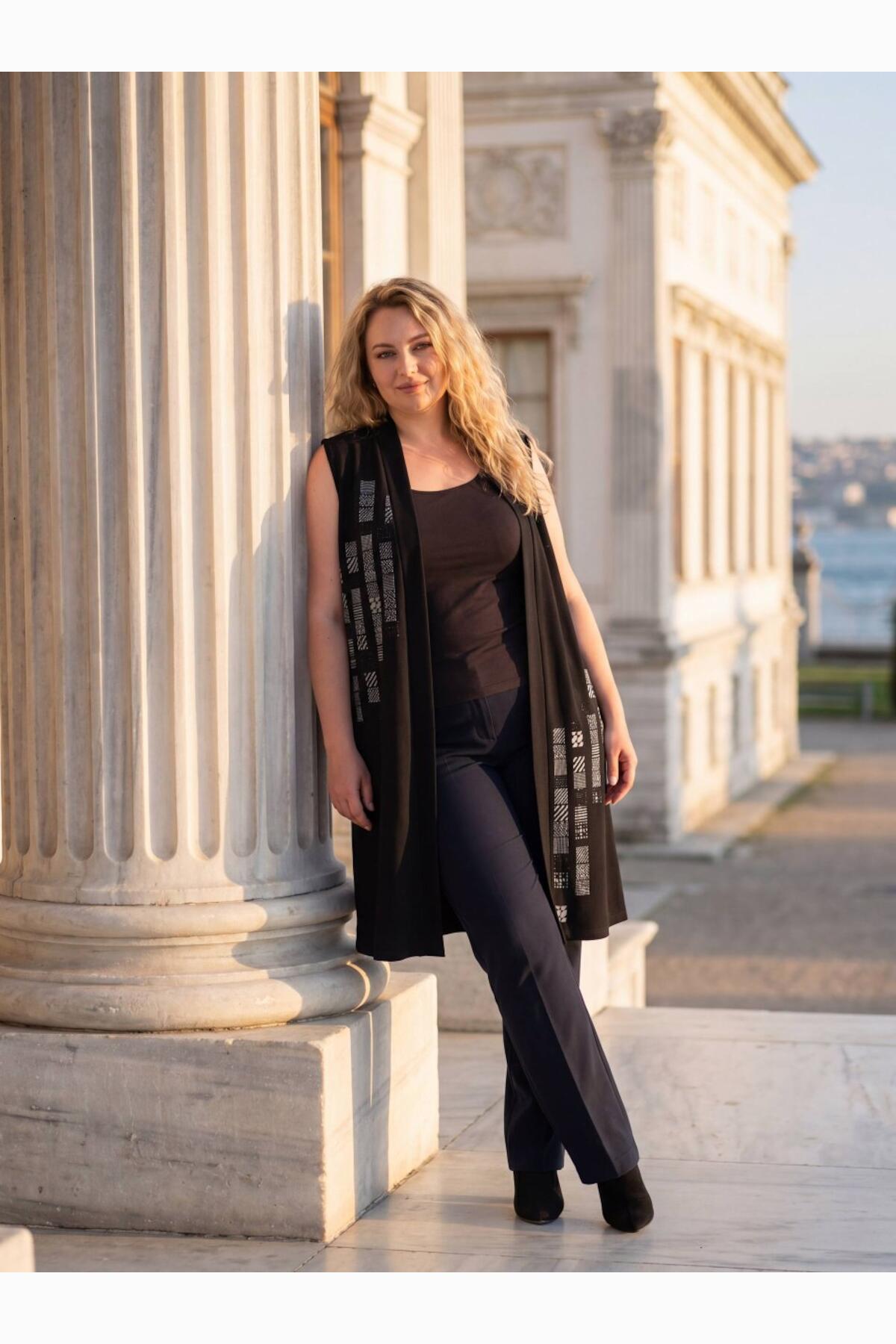 Plus - Size Patterned Crystal Fabric Vest — Black