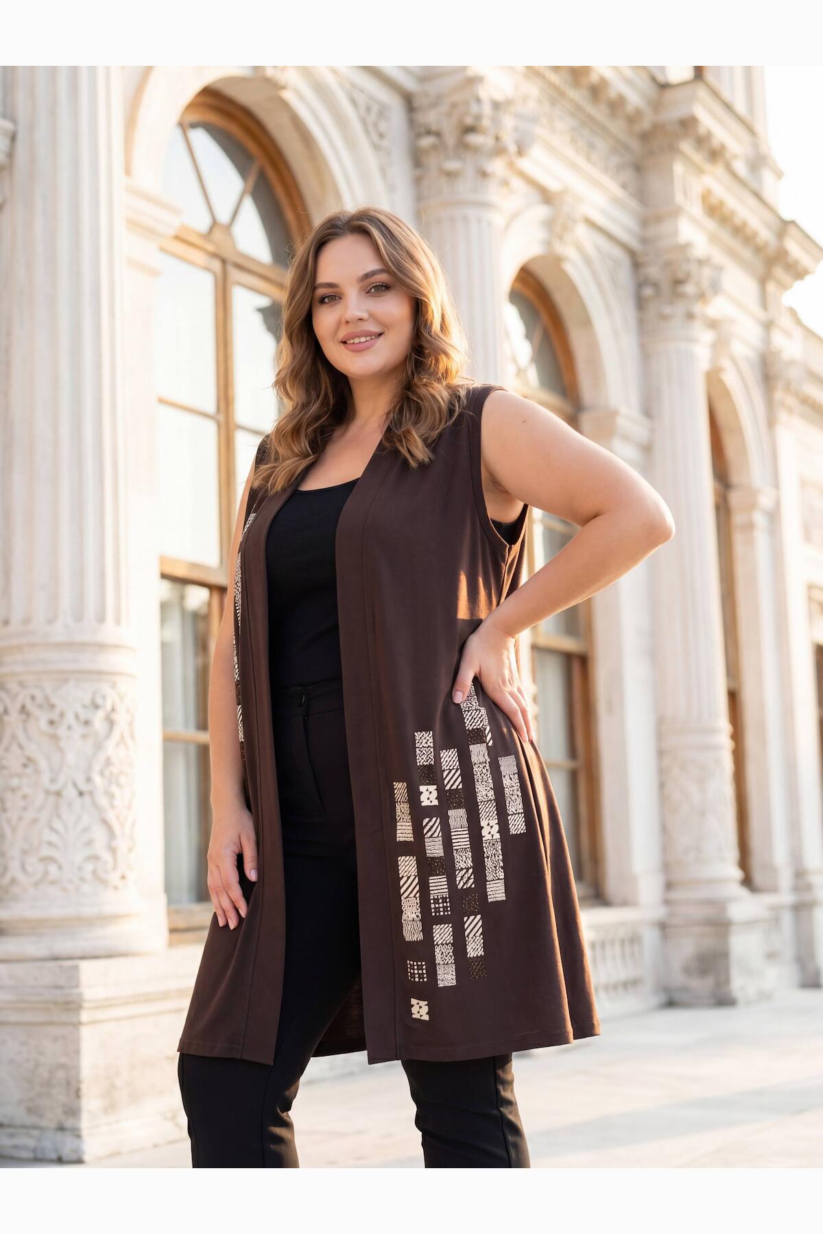 Plus - Size Patterned Crystal Fabric Vest — Brown