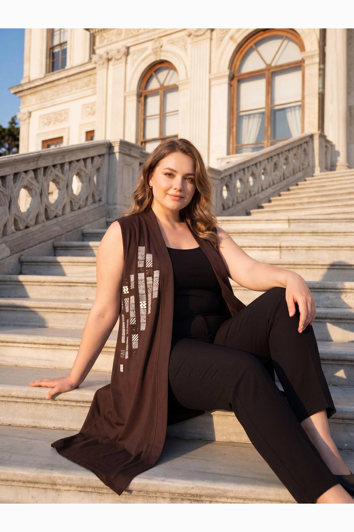 Plus - Size Patterned Crystal Fabric Vest — Brown