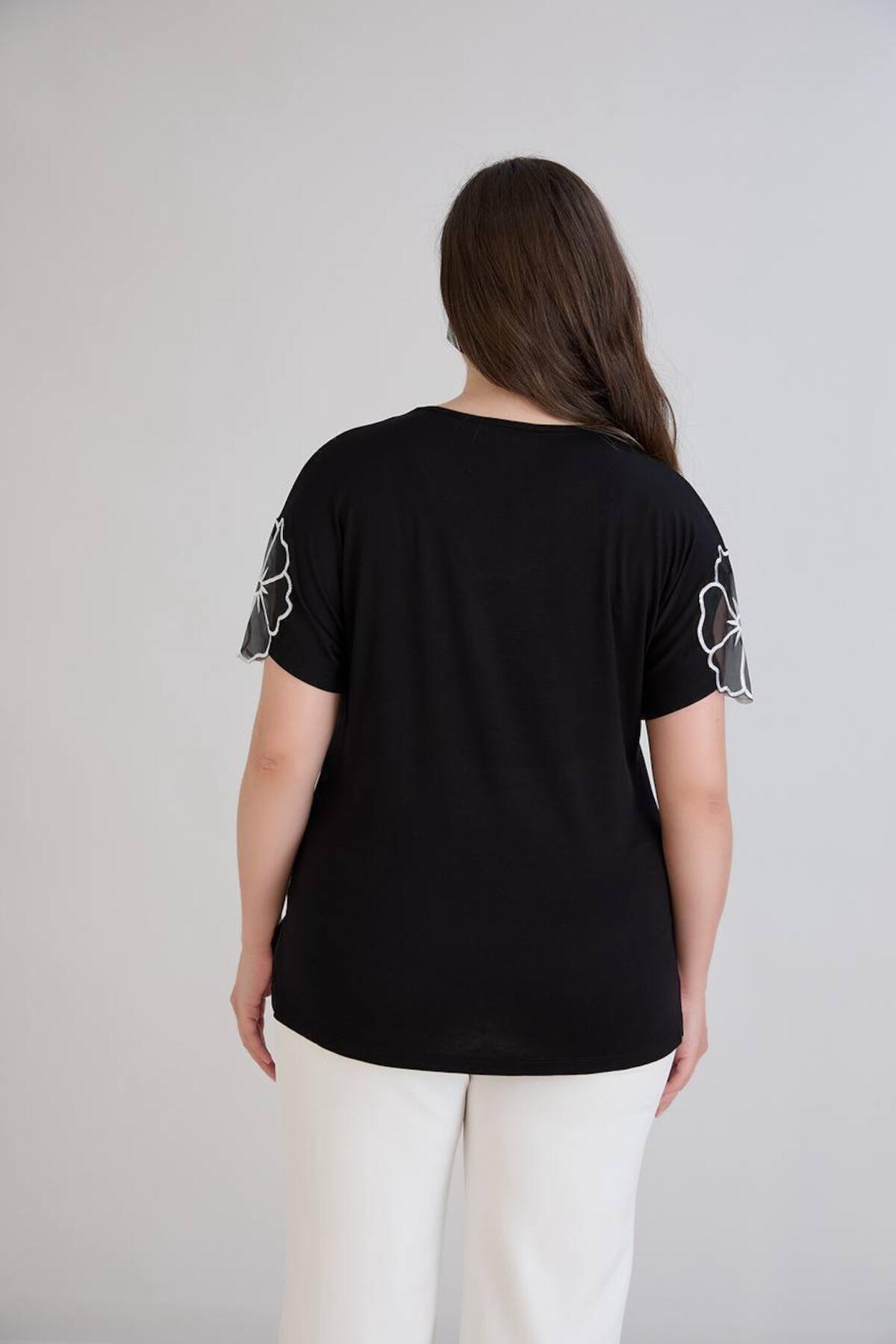 Plus‑Size V‑Neck Jersey Top With Embroidered Tulle Sleeves — Black