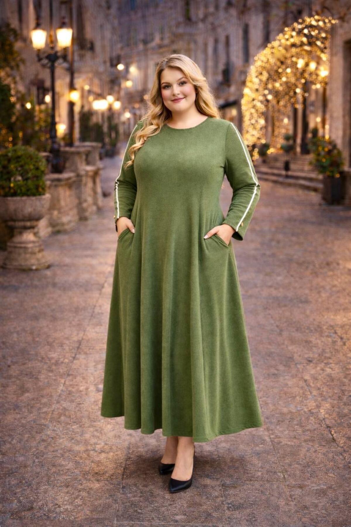 Plus - Size Dress With Stripe Sleeve Detail — Khaki