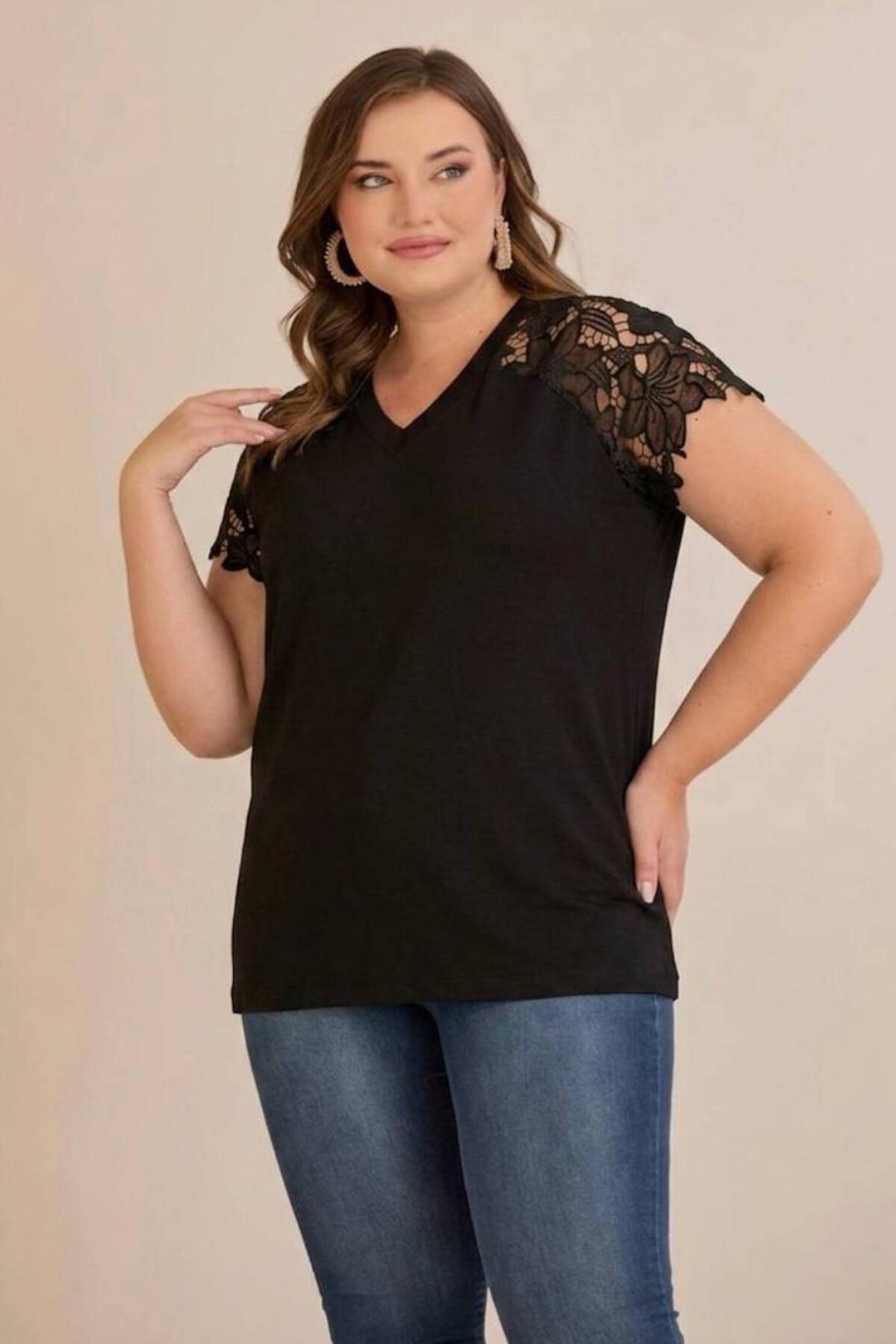 Plus - Size V - Neck Blouse With Guipure Shoulder Detail — Black