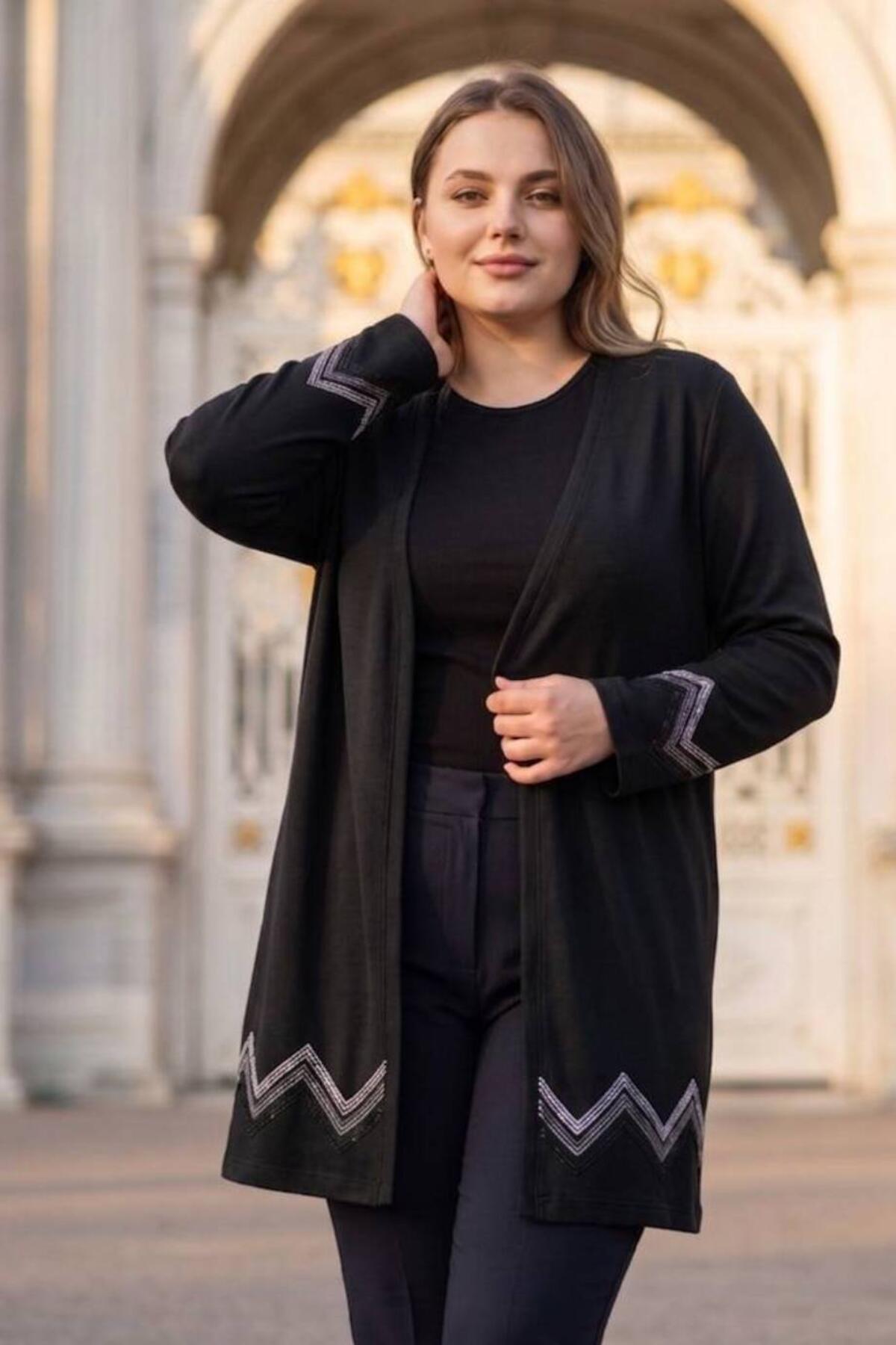 Plus - Size Long Cardigan With Stone Details — Black