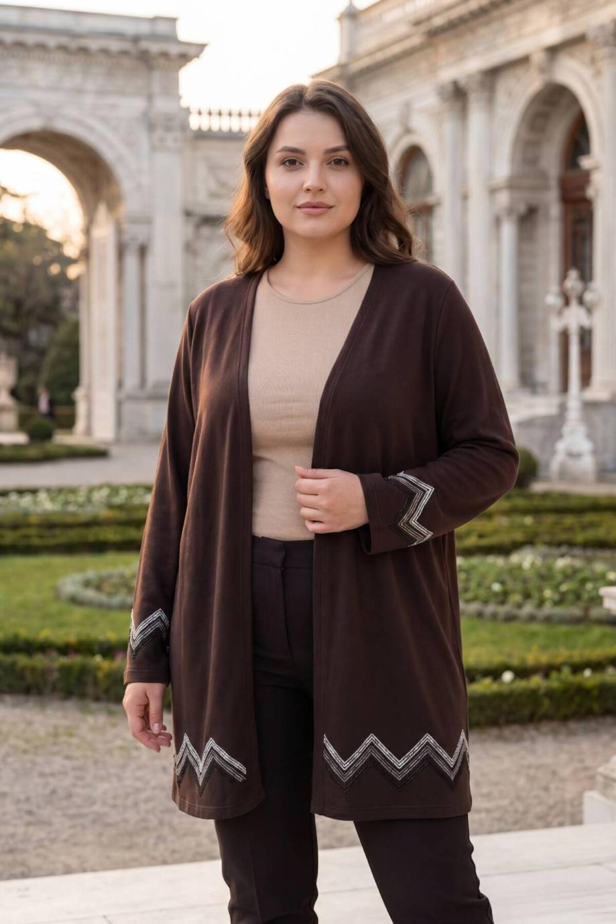 Plus‑Size Long Crystal‑Embellished Cardigan — Brown