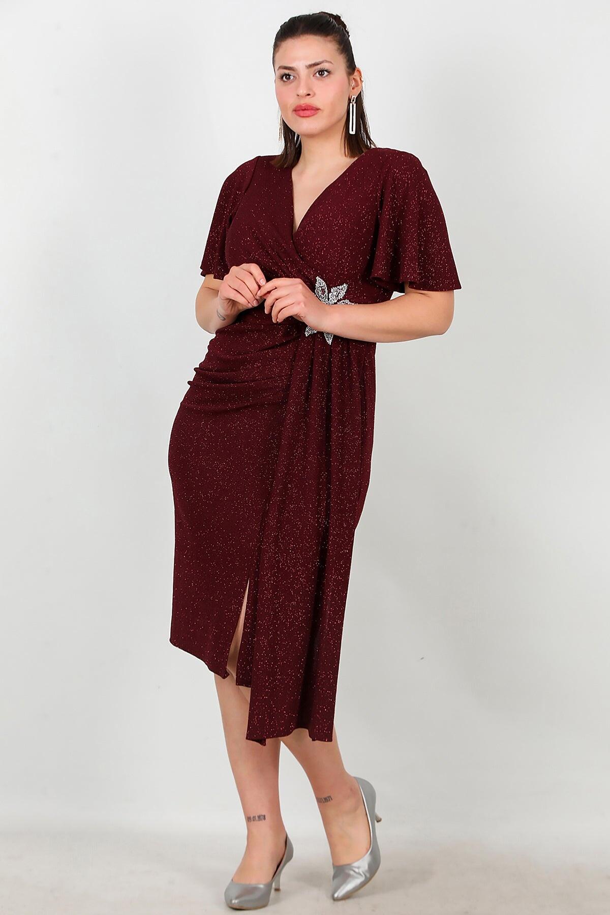 Große Größen Midi-Kleid mit Blumensteinbesatz an der Taille — Bordeaux