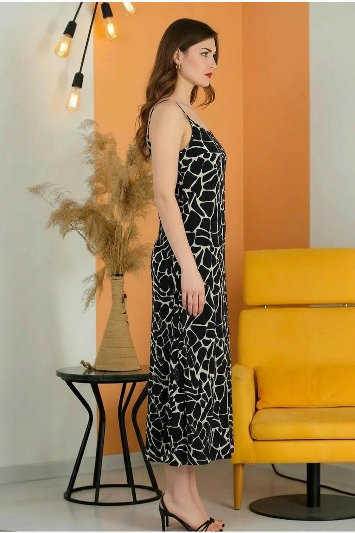 Gemustertes verstellbares Spaghettiträger-Kleid, Schwarz