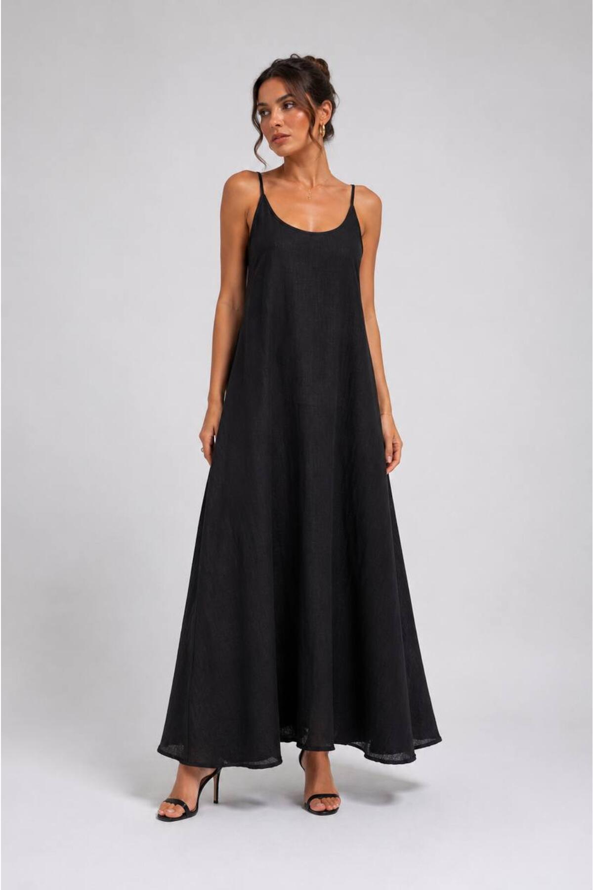 Licardi Linen Tie - Strap Maxi Dress — Black