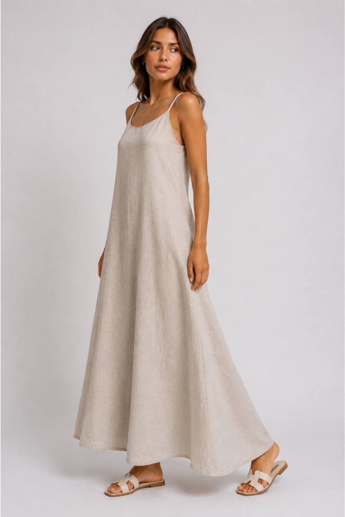 Linen Dress With Thin Adjustable Straps — Nude