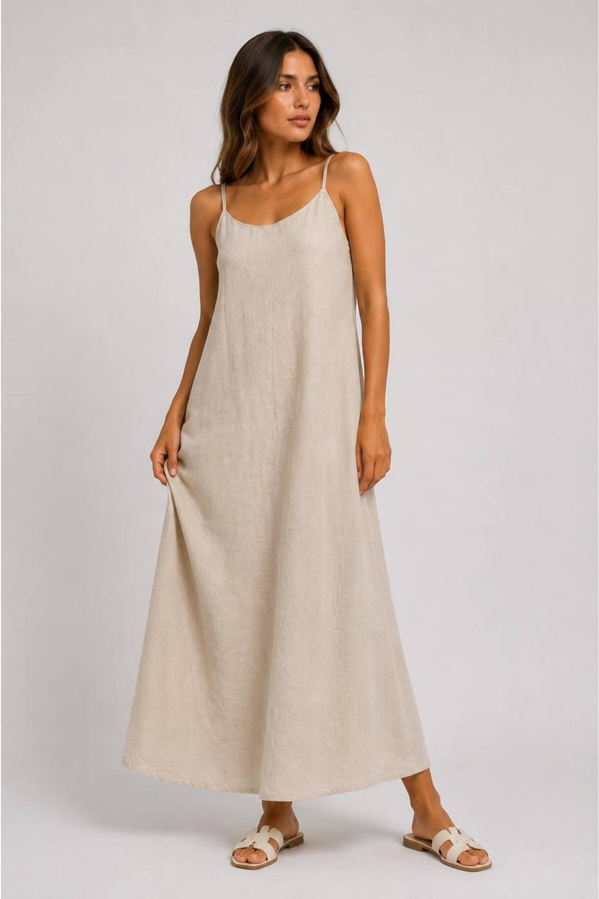 Leinenkleid mit dünnen, verstellbaren Trägern – Nude