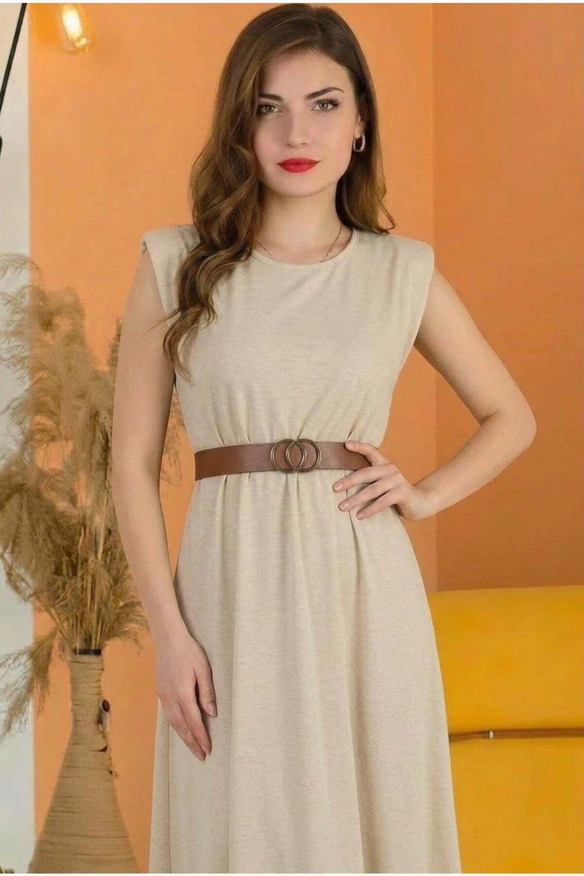 Padded - Shoulder Midi Dress With Elastic Waist — Stone