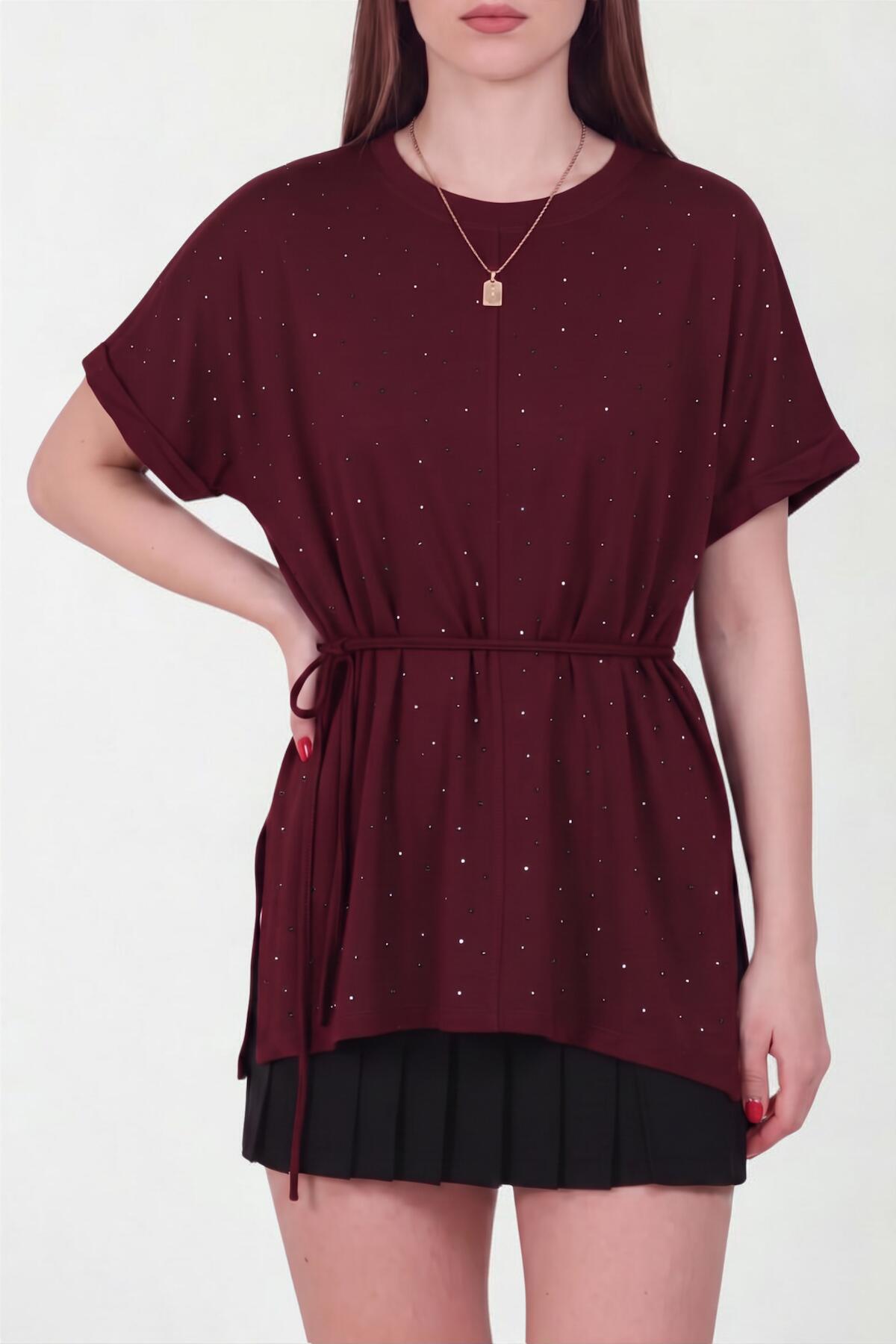 Oysho Stone – Kurzarmbluse mit Ziersteinchen – Pflaume
