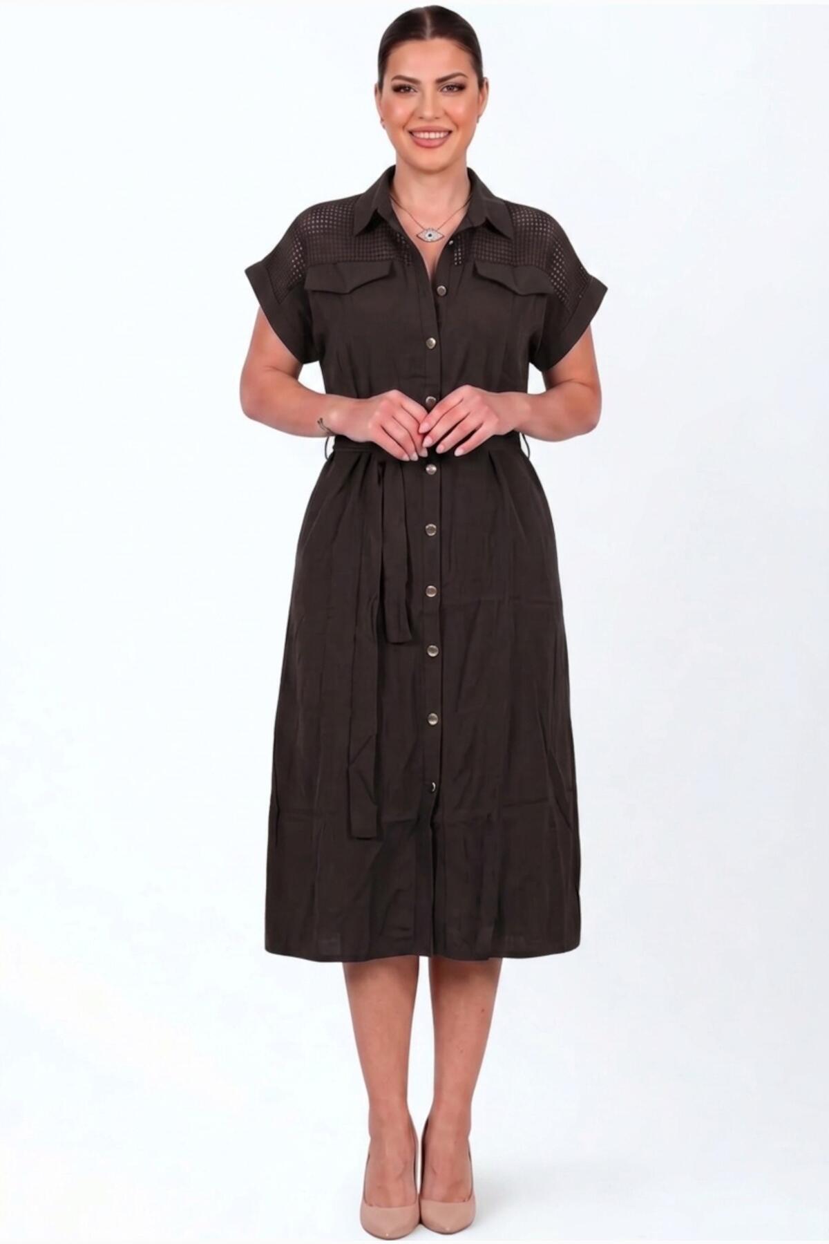 Plus‑Size Button‑Through Dress With Mesh Shoulders — Brown