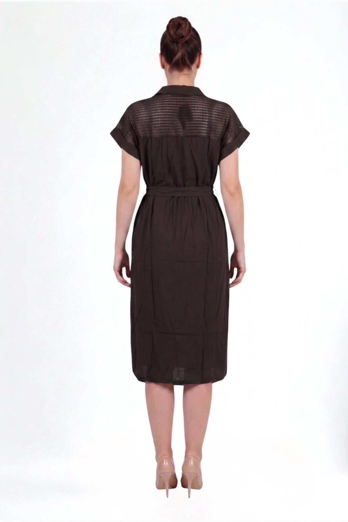 Plus‑Size Button‑Through Dress With Mesh Shoulders — Brown