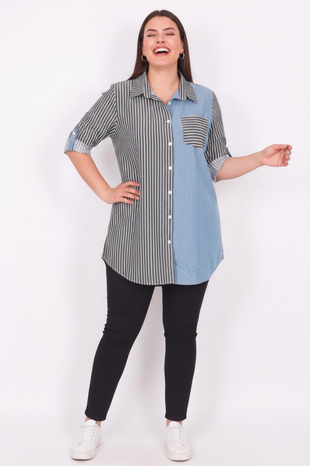 Gestreiftes Übergrößen‑Hemd‑Tunika mit Denim‑Detail — Schwarz