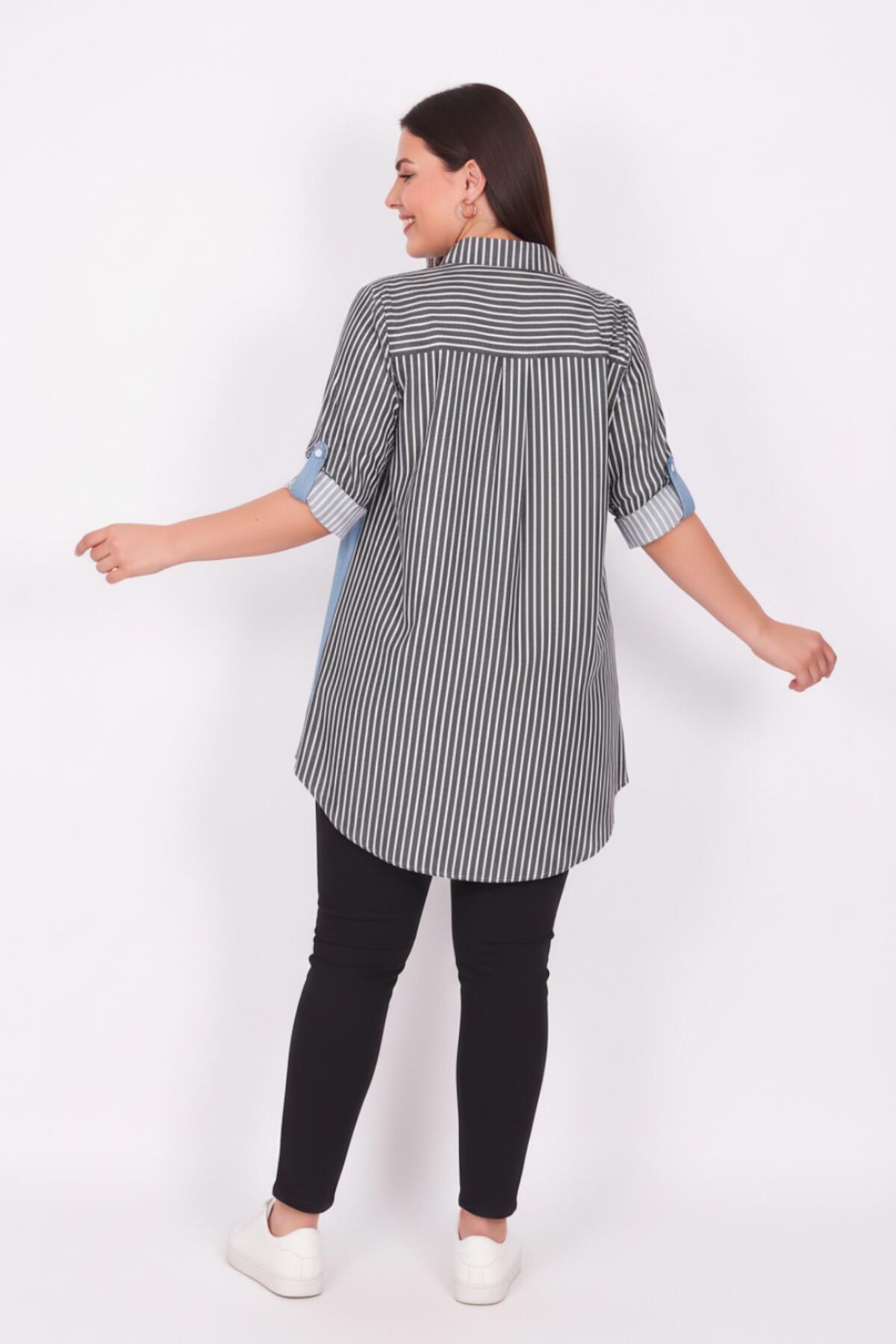 Gestreiftes Übergrößen‑Hemd‑Tunika mit Denim‑Detail — Schwarz
