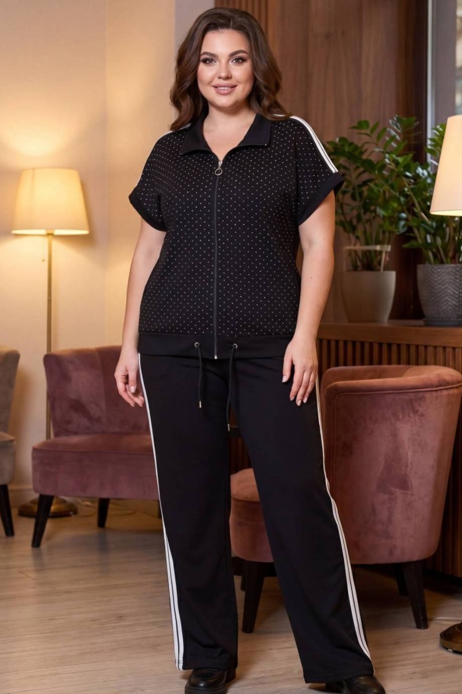 Plus-Size Tweedelige Set met Steentjes – Zwart