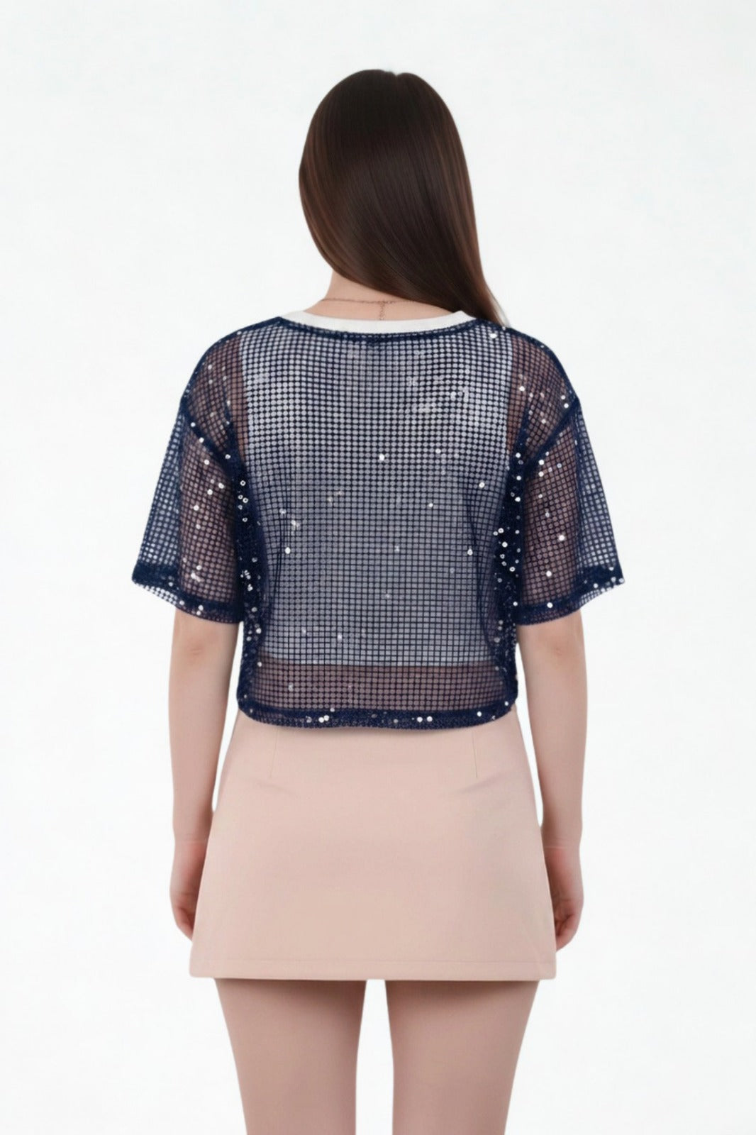 Layered Sequin Mesh Top — Navy