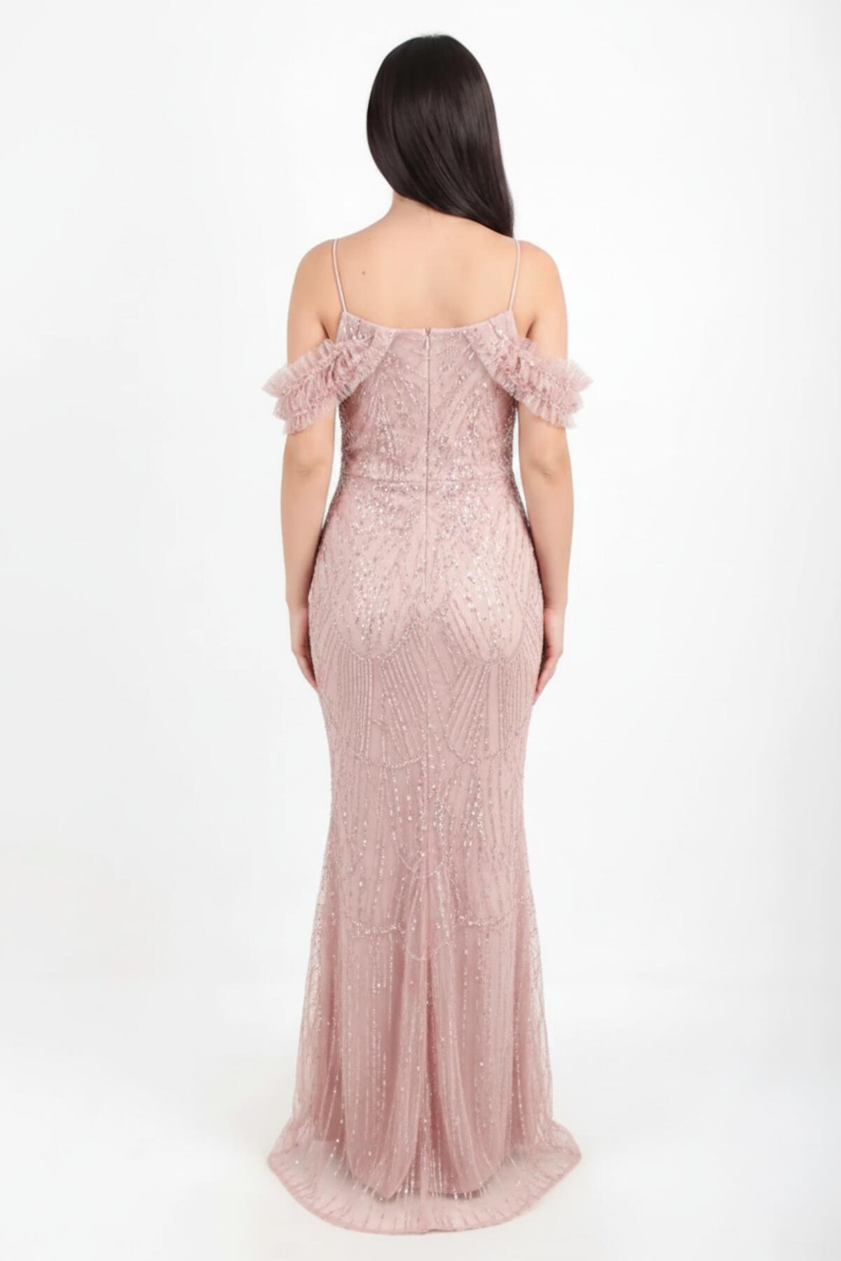 Puderrosa schulterfreies Abendkleid mit Pailletten und Perlen