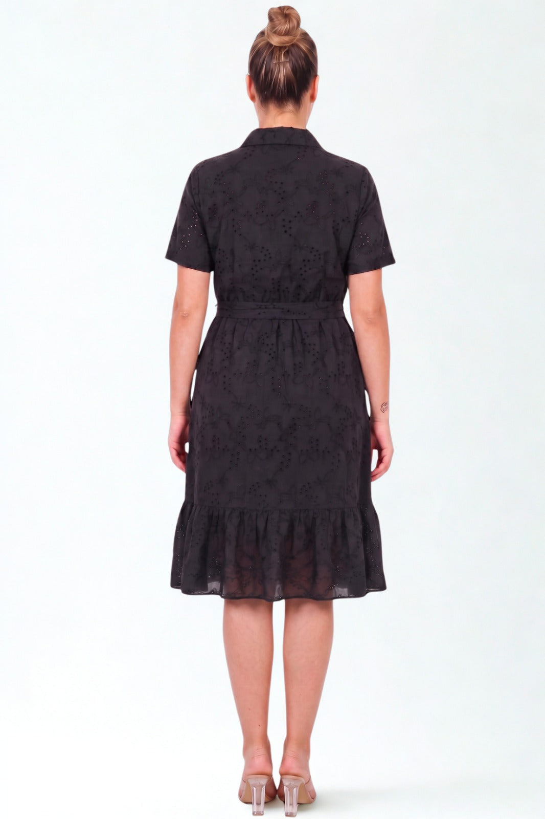 Plus - Size Button - Front Short - Sleeve Dress With Shirt Collar, Black