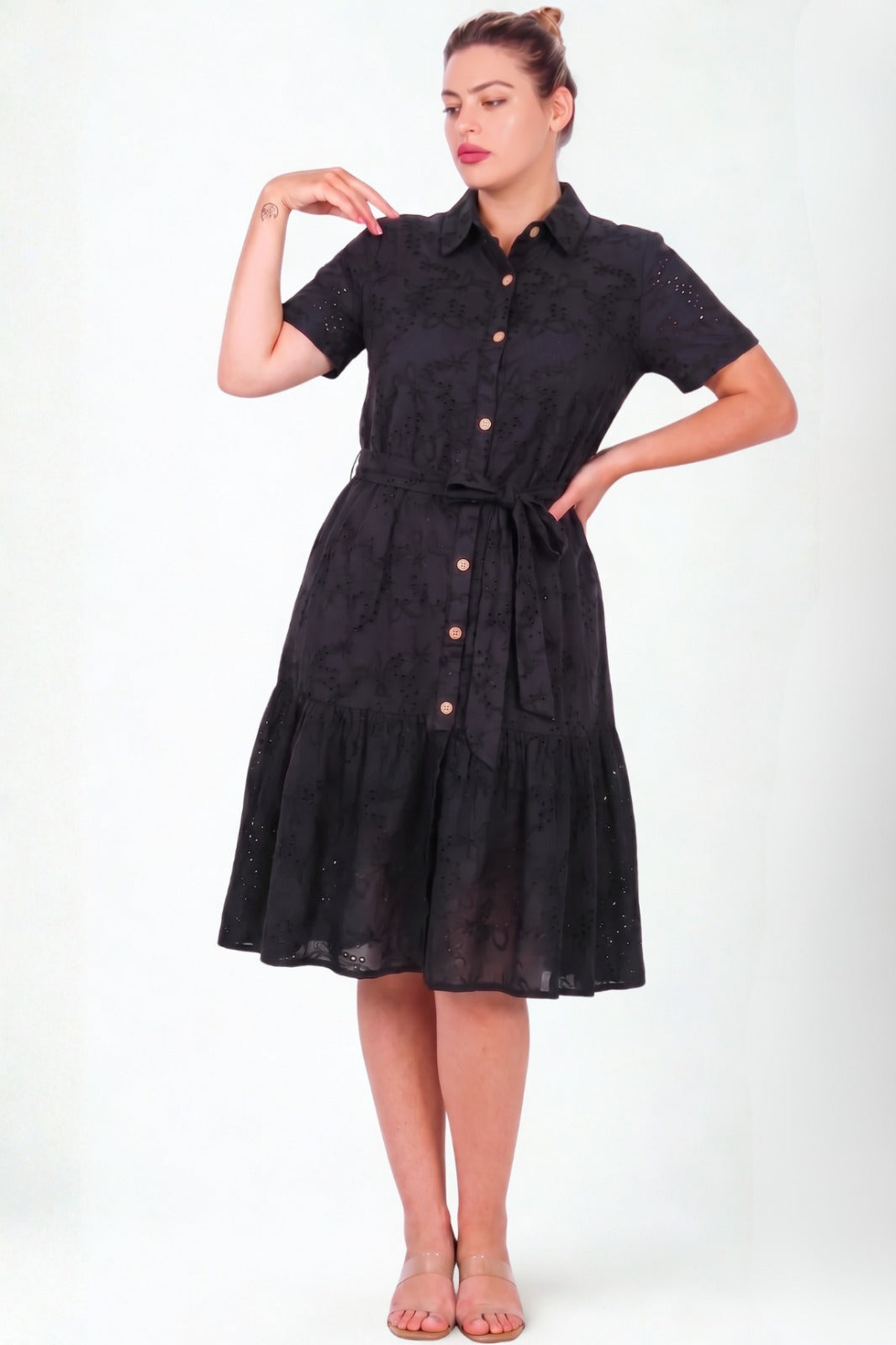 Plus - Size Button - Front Short - Sleeve Dress With Shirt Collar, Black