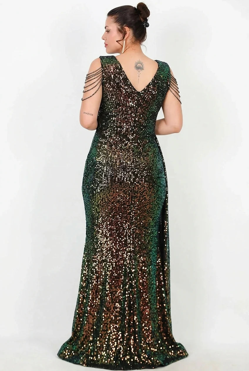Plus - Size Sequin Evening Dress With Shoulder Chain — Emerald