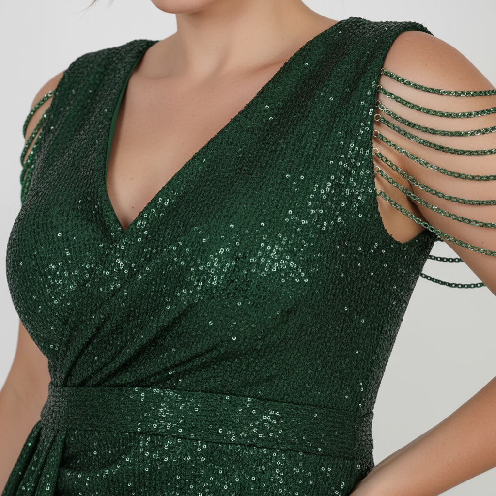 Grote Maten Lange Jurk Met Pailletten En Schouderketting — Groen