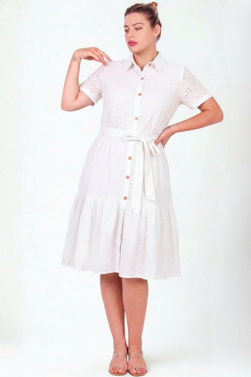 Plus-Size Witte Knoopjesjurk met Korte Mouwen