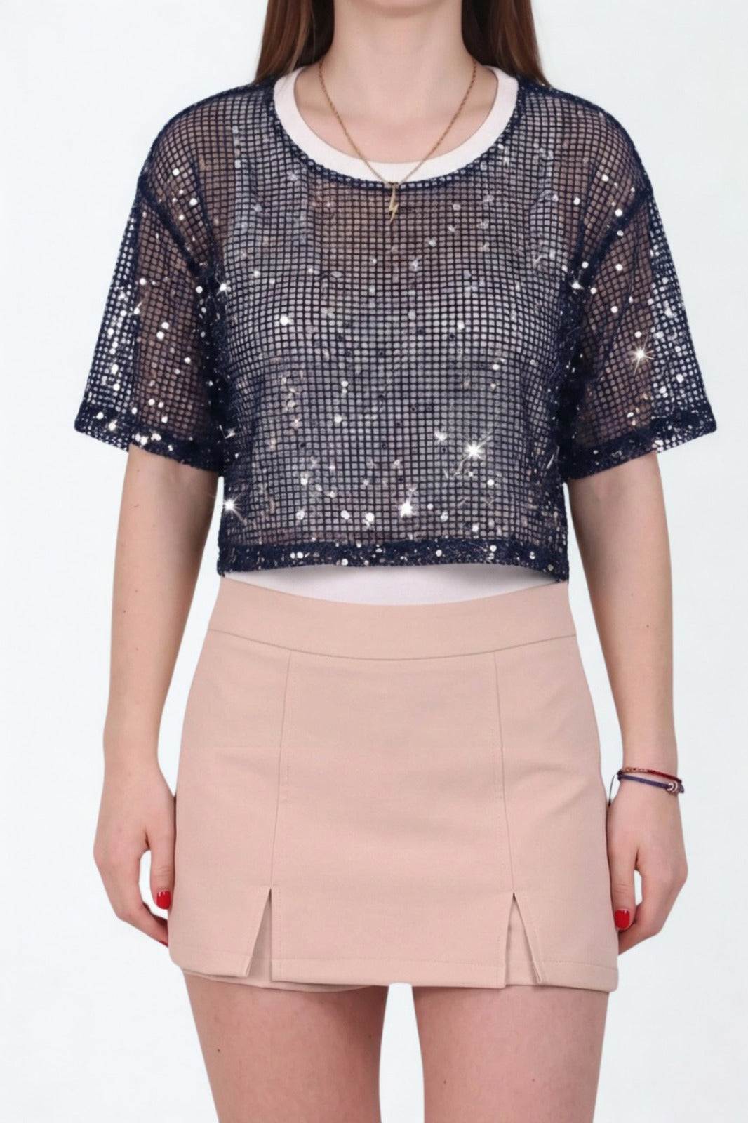 Layered Sequin Mesh Top — Navy