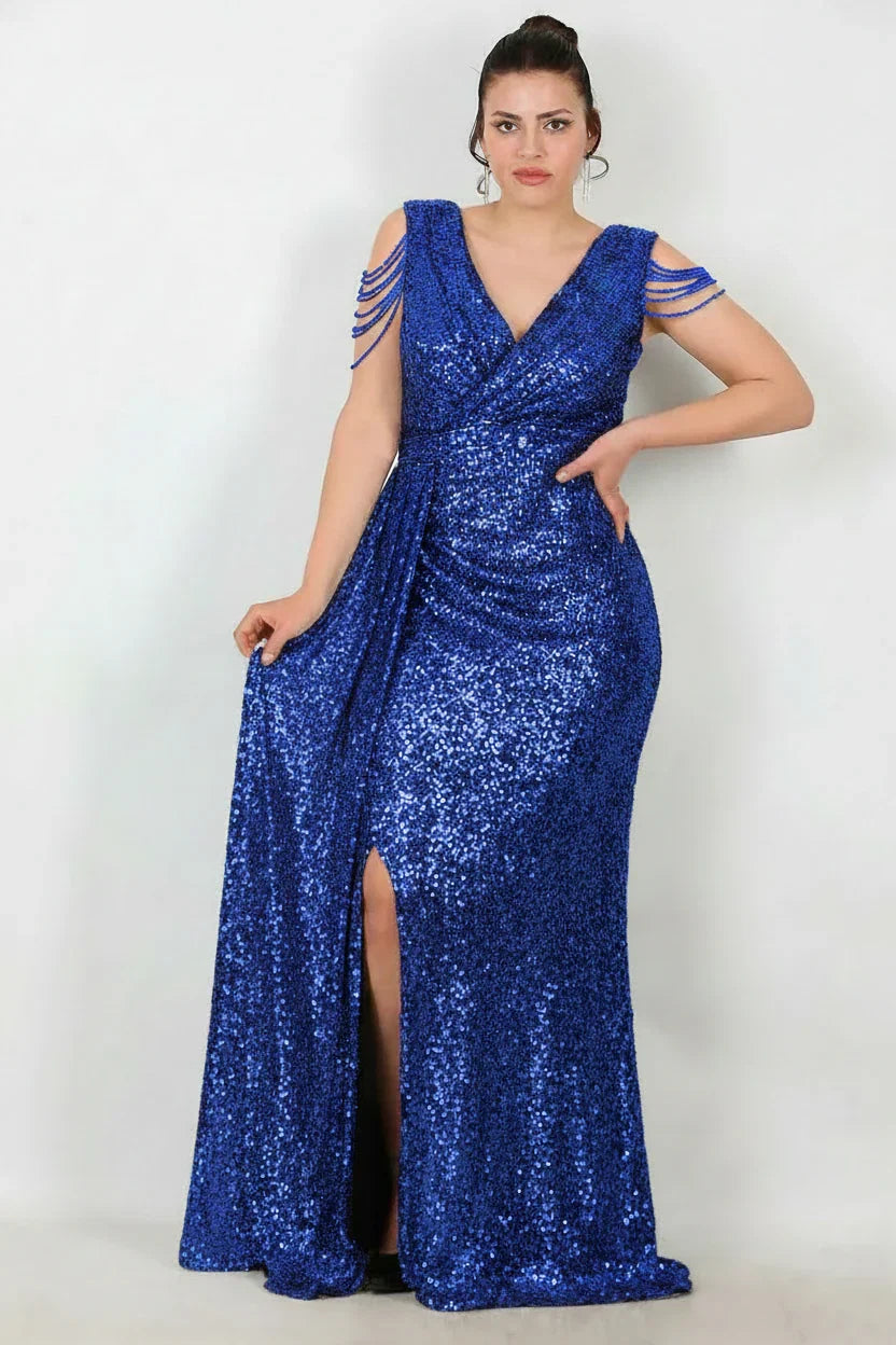 Plus - Size Long Sequin Dress With Shoulder Chain — Royal Blue