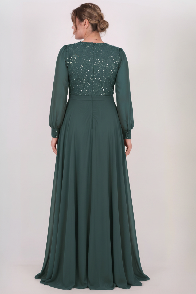Große Größen Abendkleid mit Pailletten-Oberteil und Chiffonärmeln — Grün