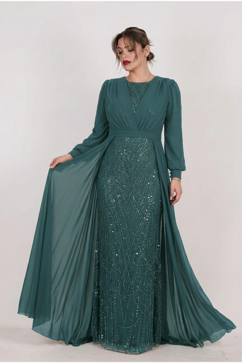 Plus - Size Evening Dress With Sequin Bodice And Chiffon Sleeves — Green