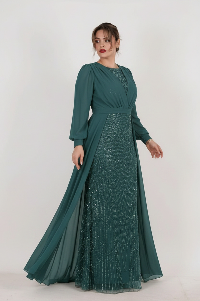Große Größen Abendkleid mit Pailletten-Oberteil und Chiffonärmeln — Grün