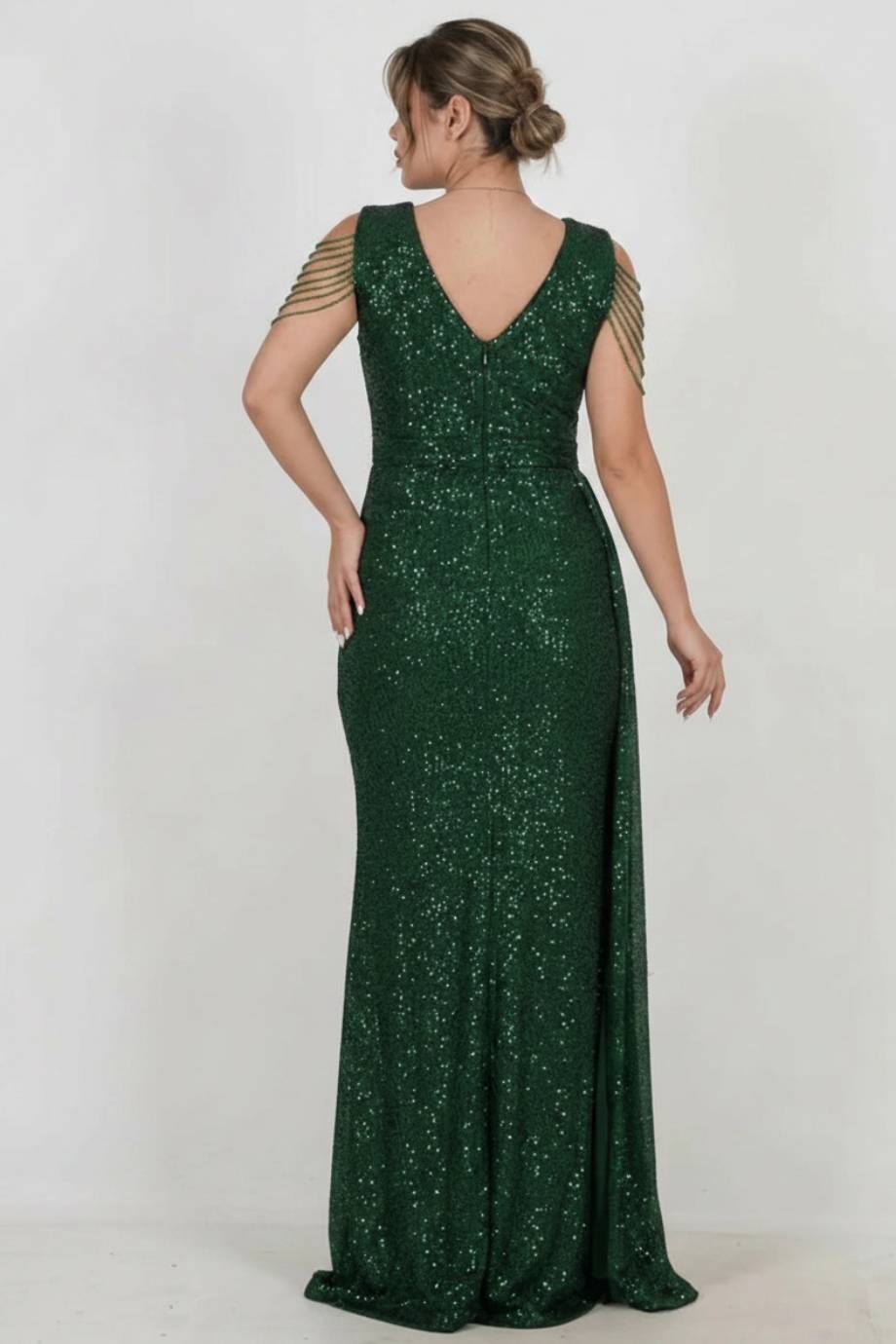 Plus - Size Long Sequin Dress With Shoulder Chain — Green