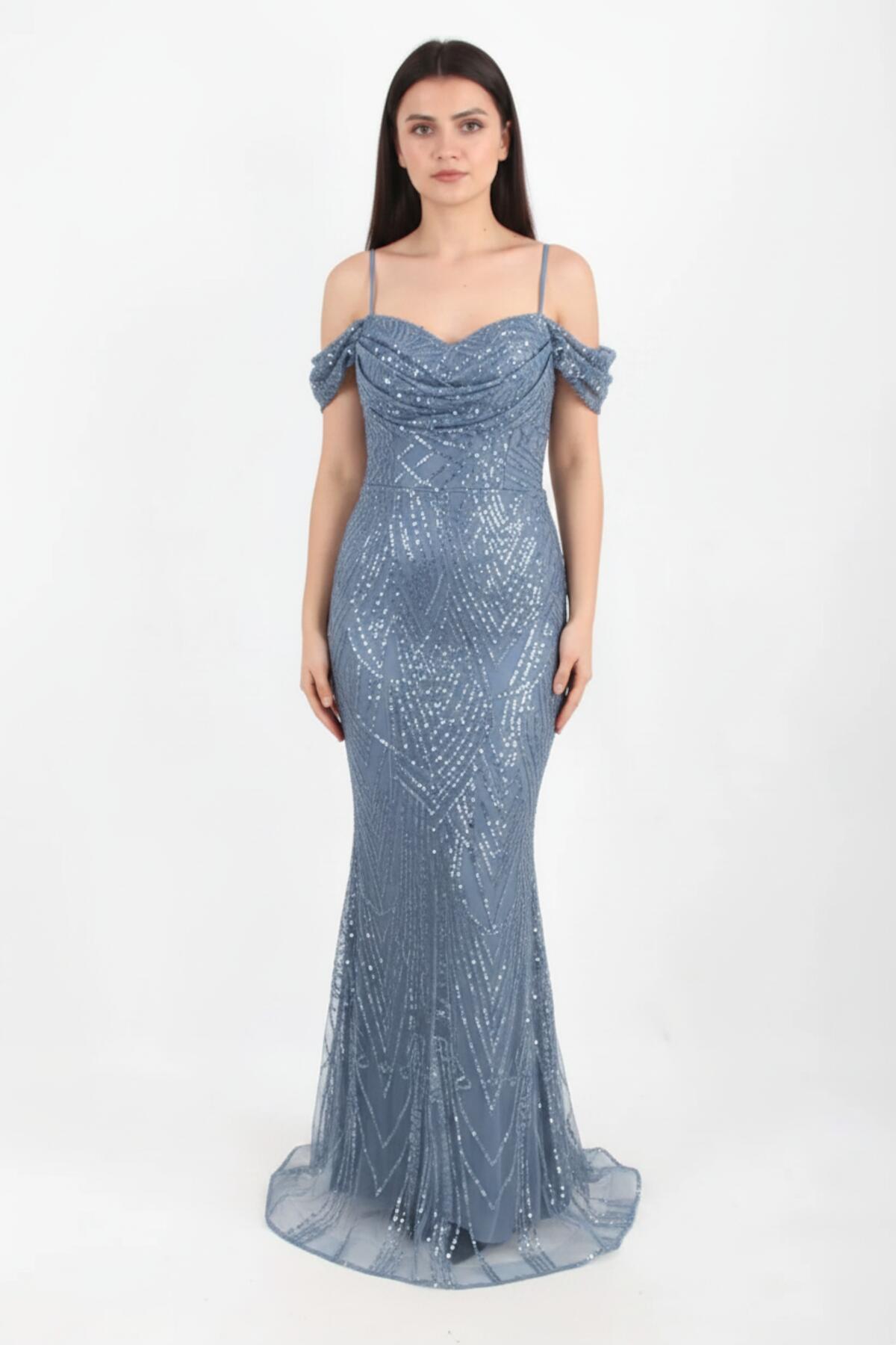 Off-Shoulder Avondjurk met Pailletten & Kralen — Blauw