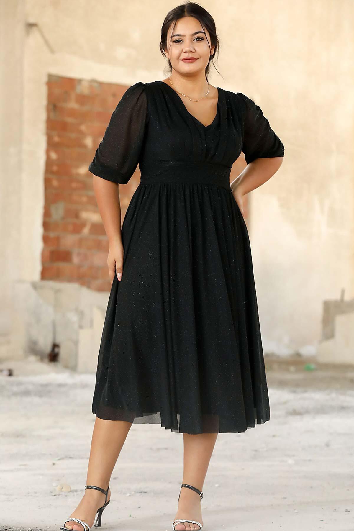 Plus - Size Pleated Waist Evening Dress — Black