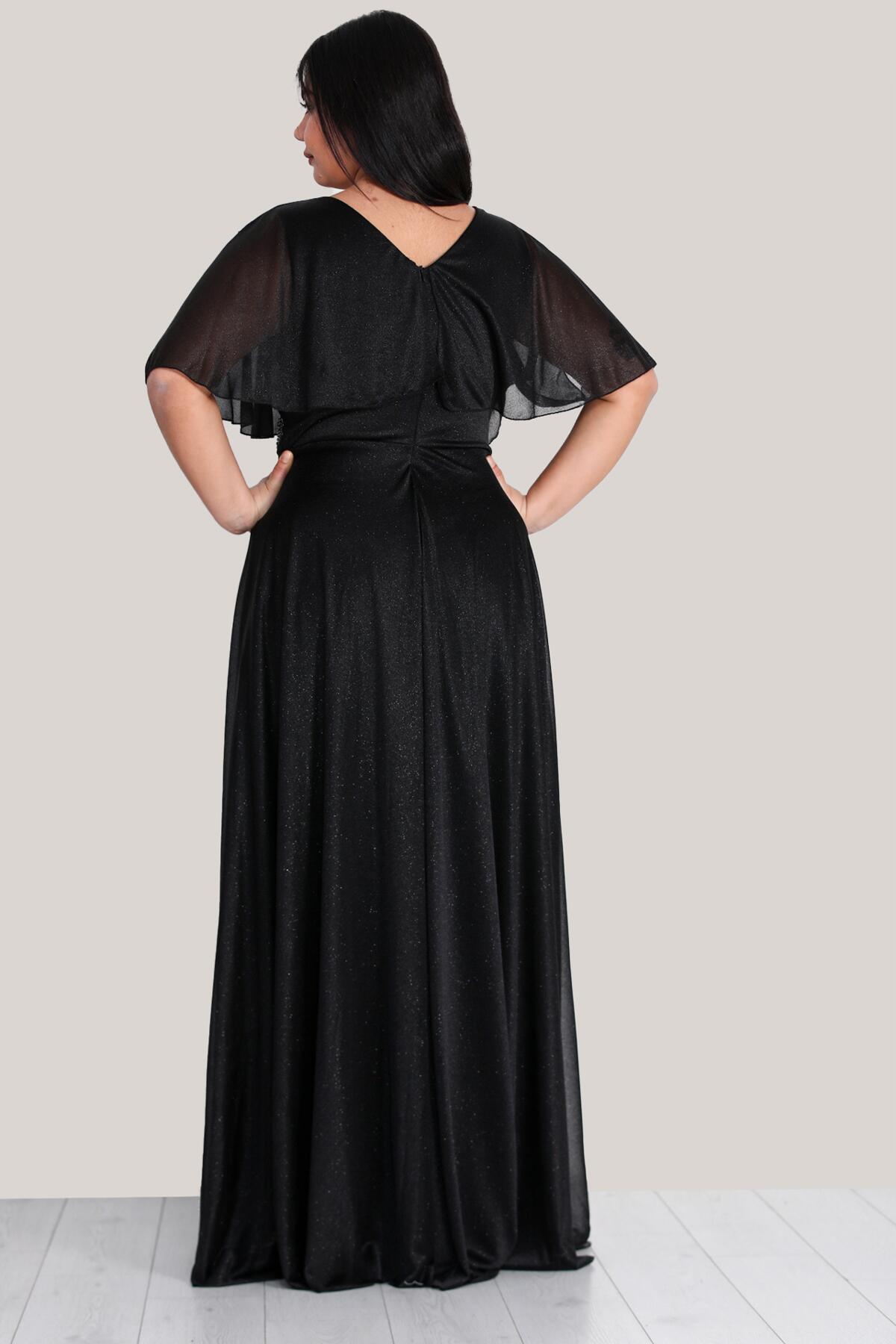 Große Größen Pailletten Langes Abendkleid – Schwarz