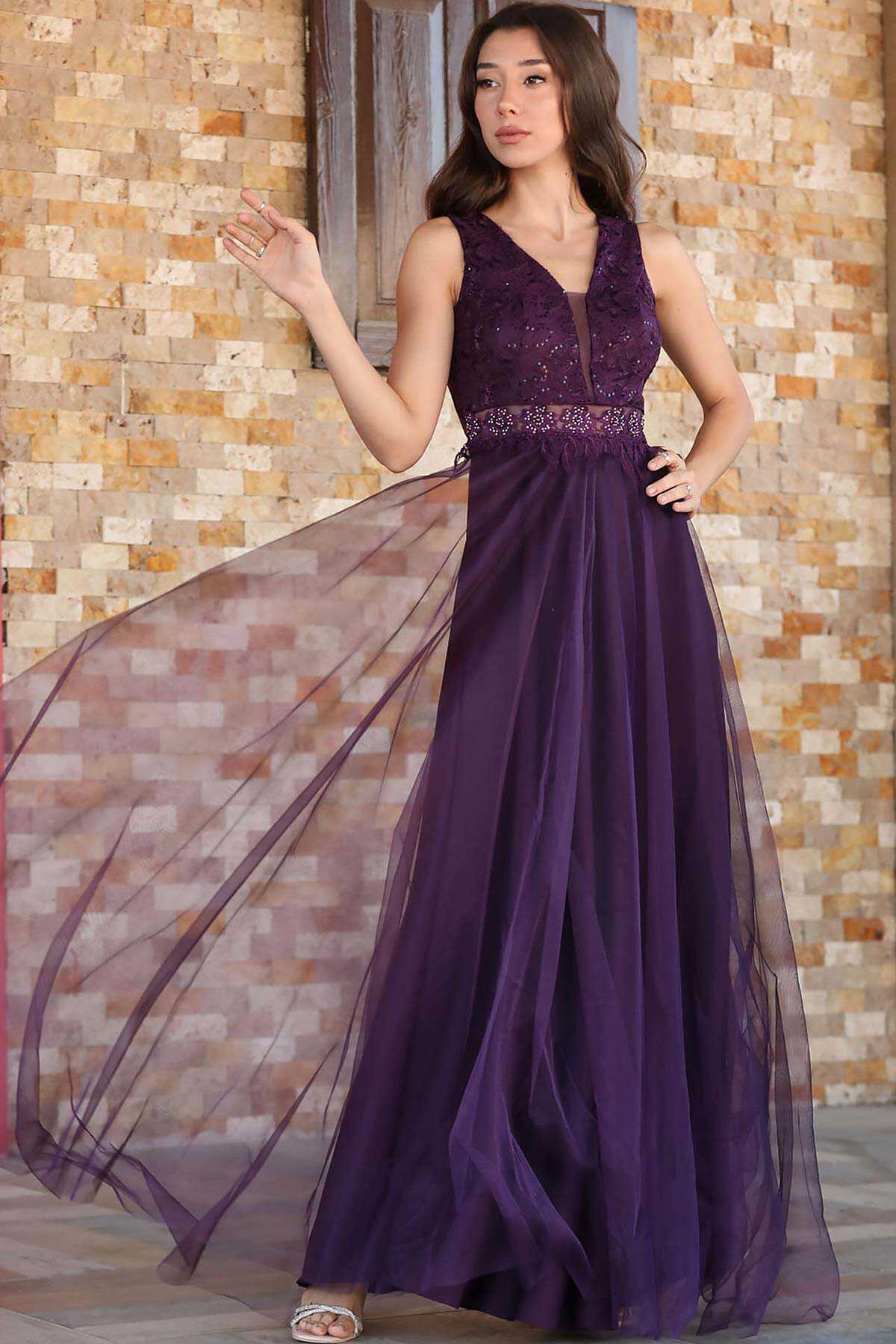Women's Purple Lace Evening Dress