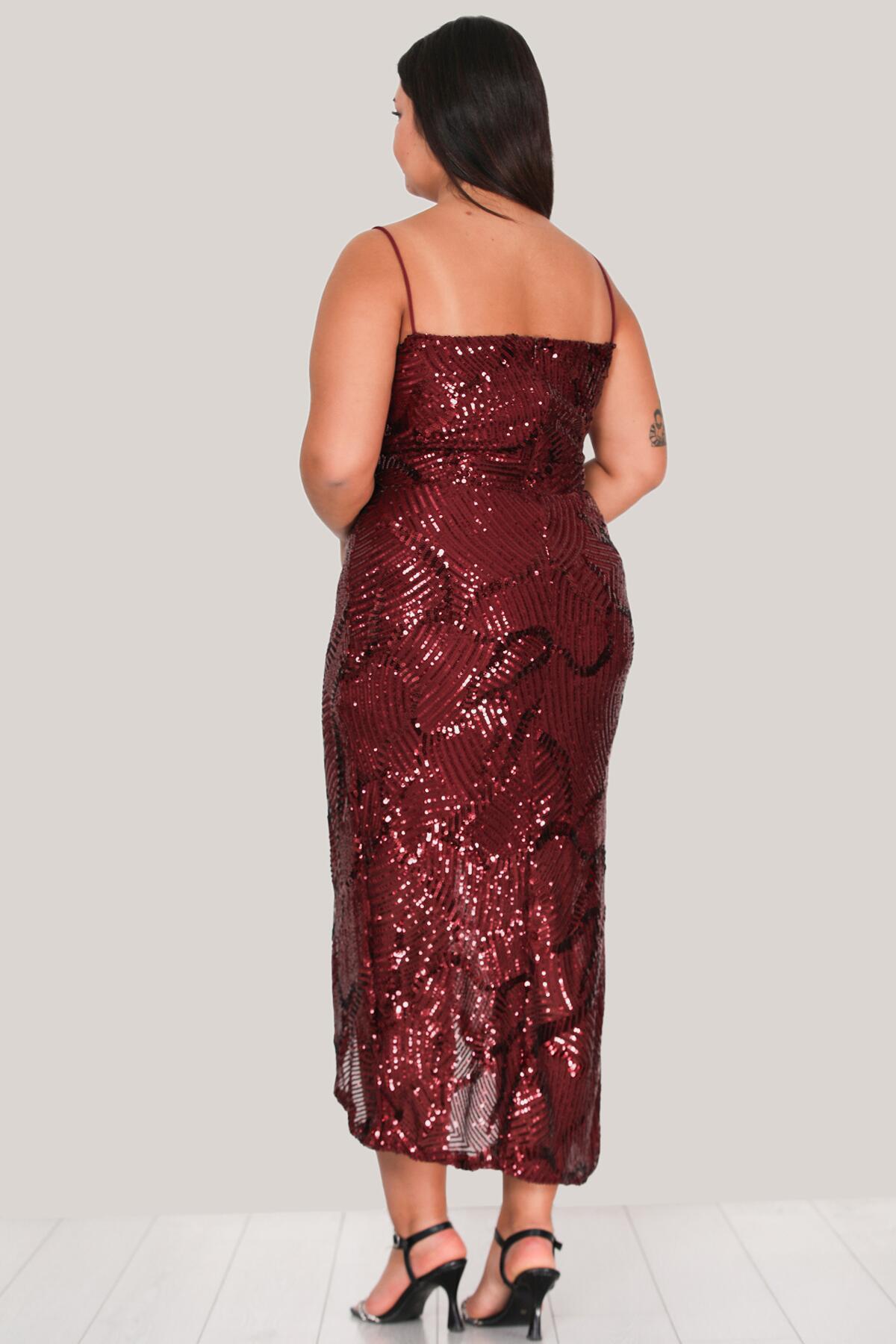 Burgundy Sequin Plus - Size Midi Evening Dress