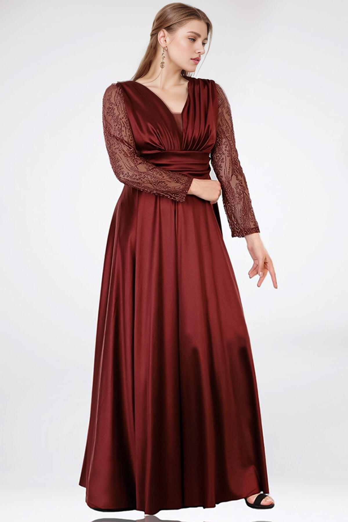 Plus - Size Satin Evening Gown — Burgundy