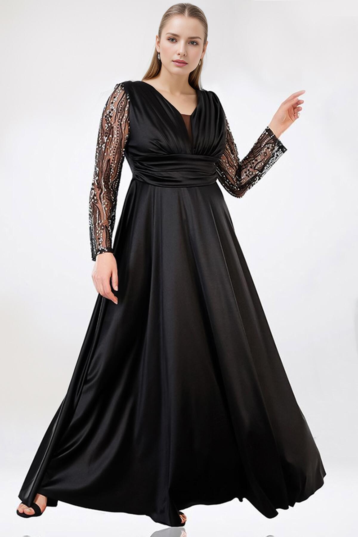 Plus - Size Satin Evening Gown — Black