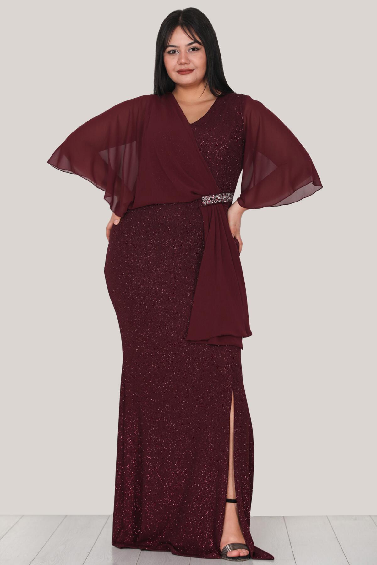 Plus - Size Shimmery Long Evening Dress — Burgundy