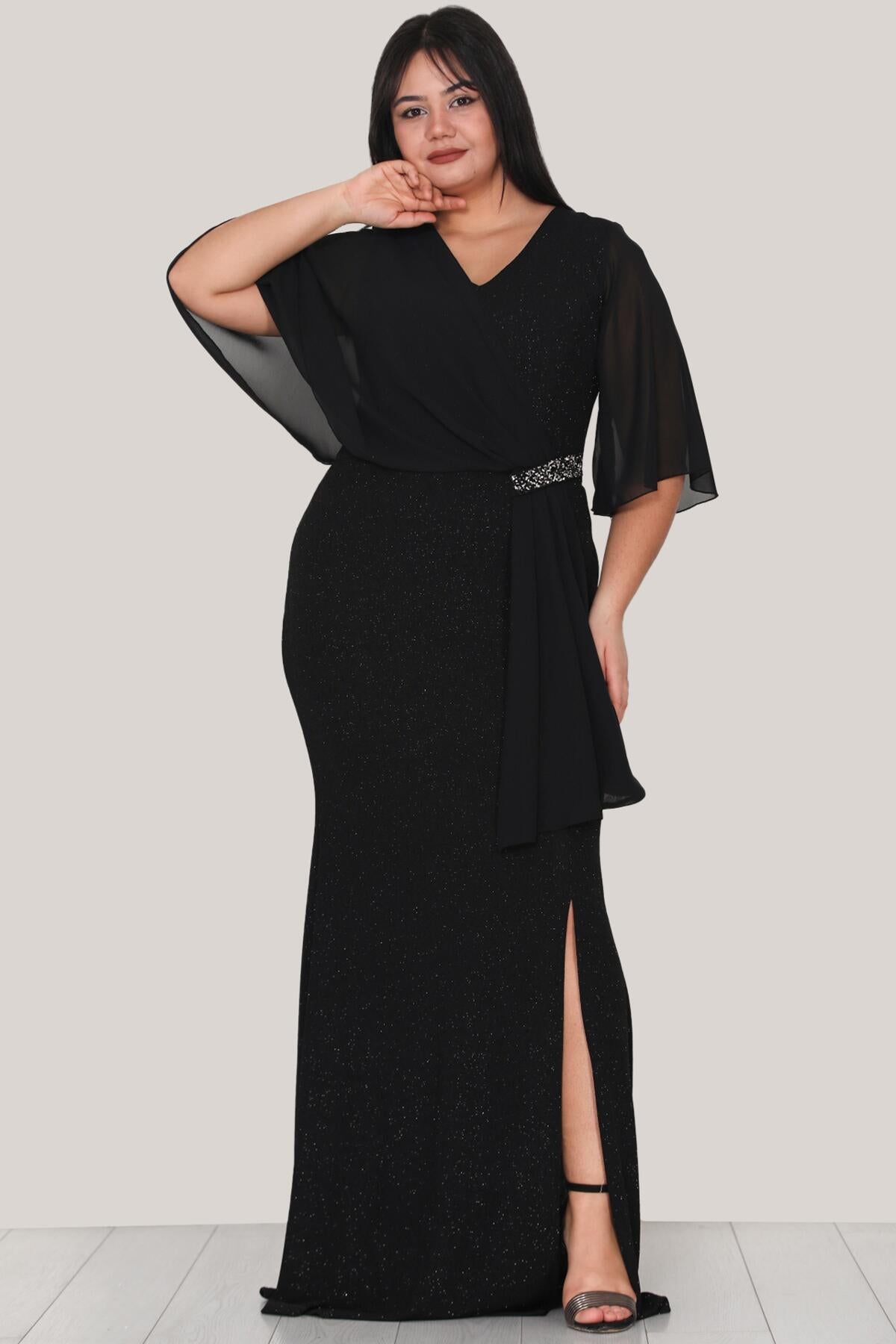 Plus - Size Long Glitter Evening Dress — Black
