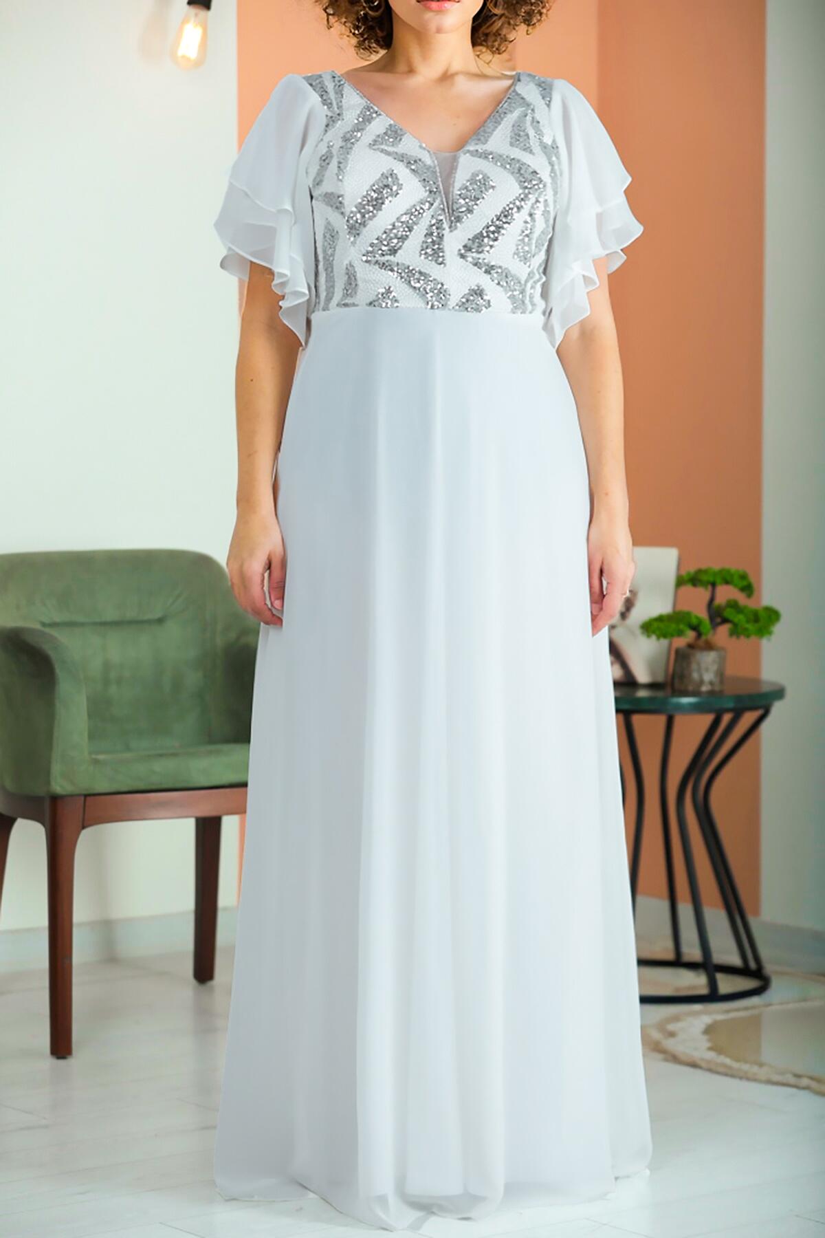 Plus - Size Sequin - Embellished Chiffon Evening Dress — Off - White